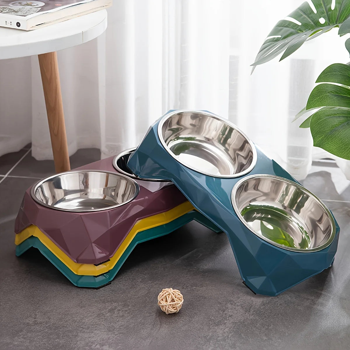 Non-Slip Double Pet Bowl – Large Capacity Diamond Pattern Food & Water Feeder