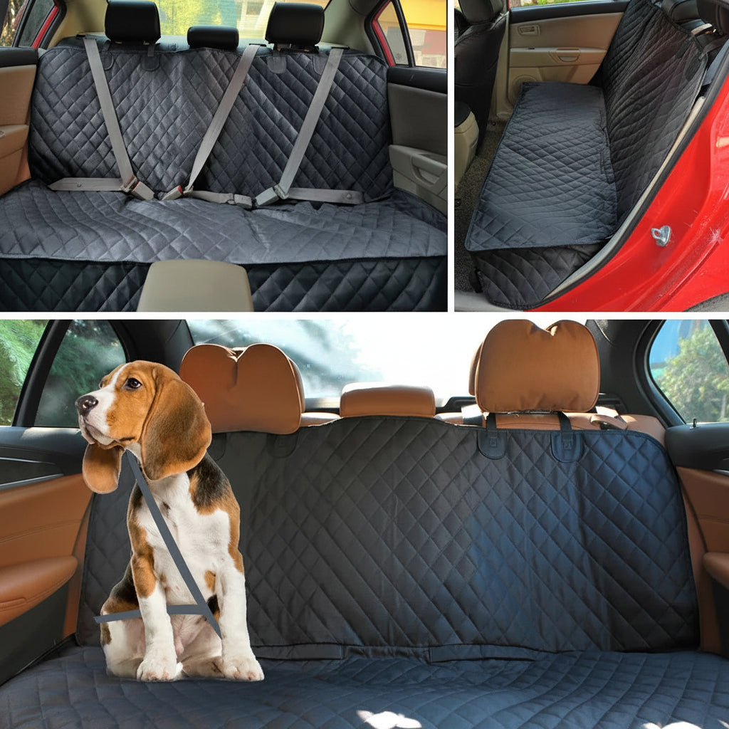 Car seat cover with quilted design and pet safety harness, shown from multiple angles.