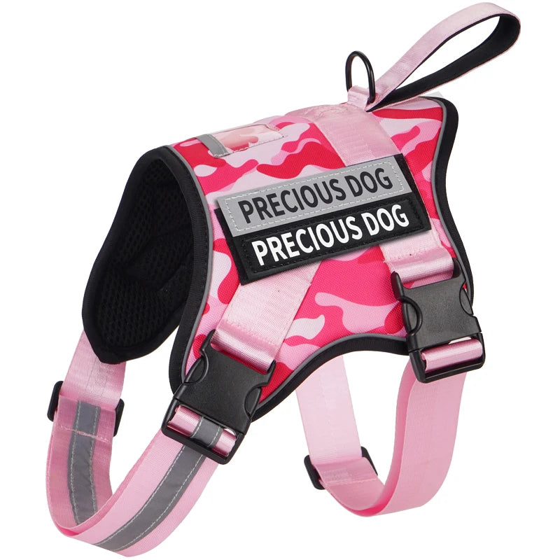 Pink camouflage dog harness with 'Precious Dog' label on a white background