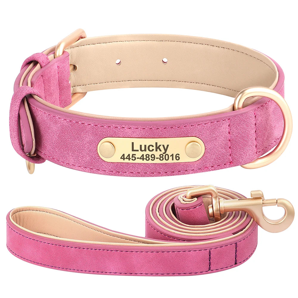 Personalized PU Leather Dog Collar & Leash Set – Free Custom ID Nameplate