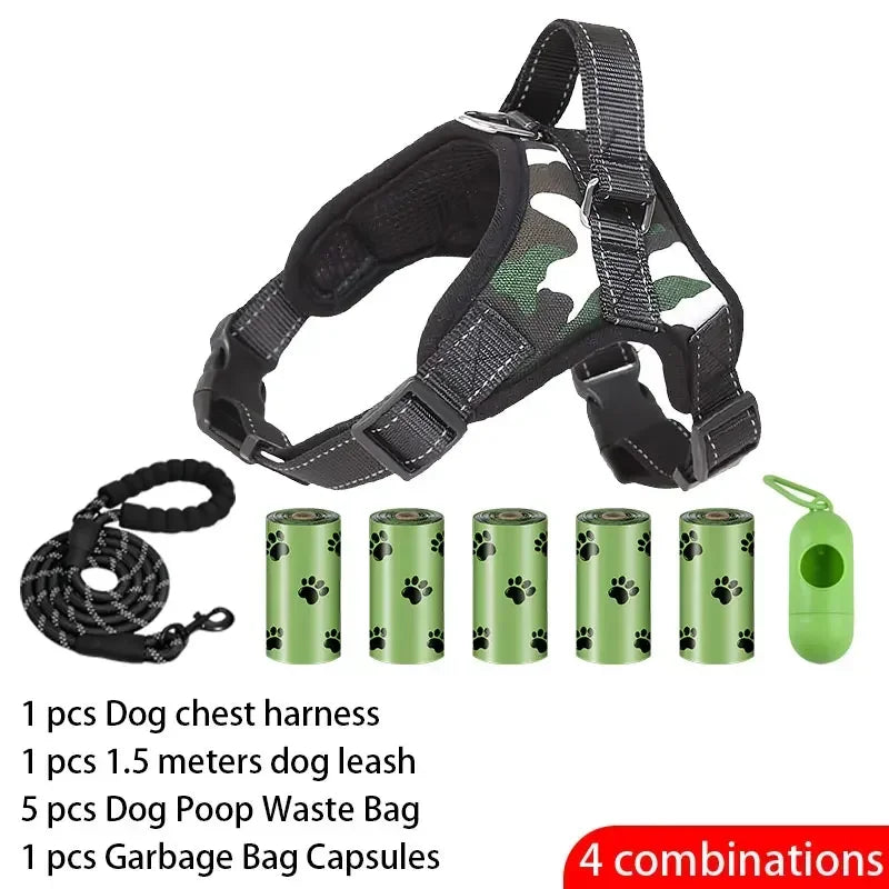 Dog training kit with chest harness, leash, waste bags, and capsules on a white background