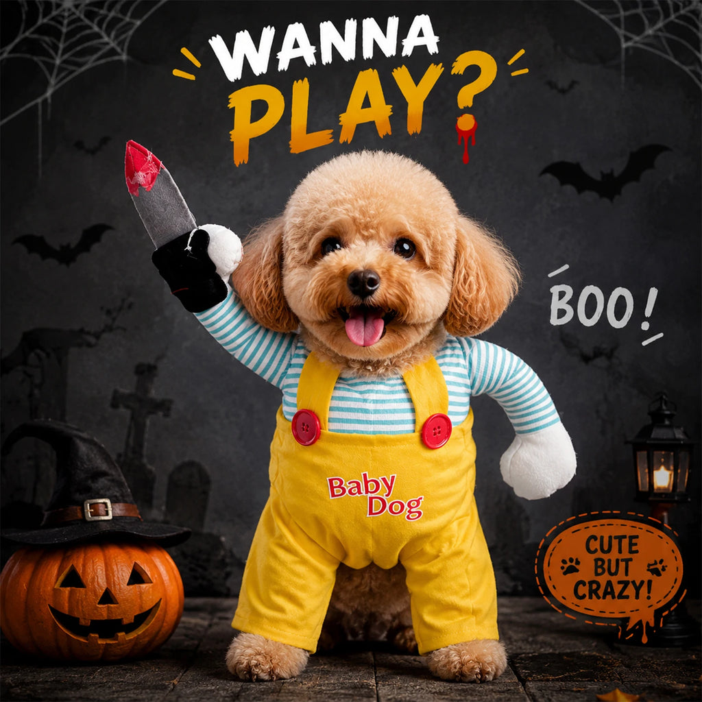 Halloween Doll Pet Costume for Cats & Dogs, Funny Horror Outfit with 3D Human Arm and Felt Knife Prop, Adjustable Straps