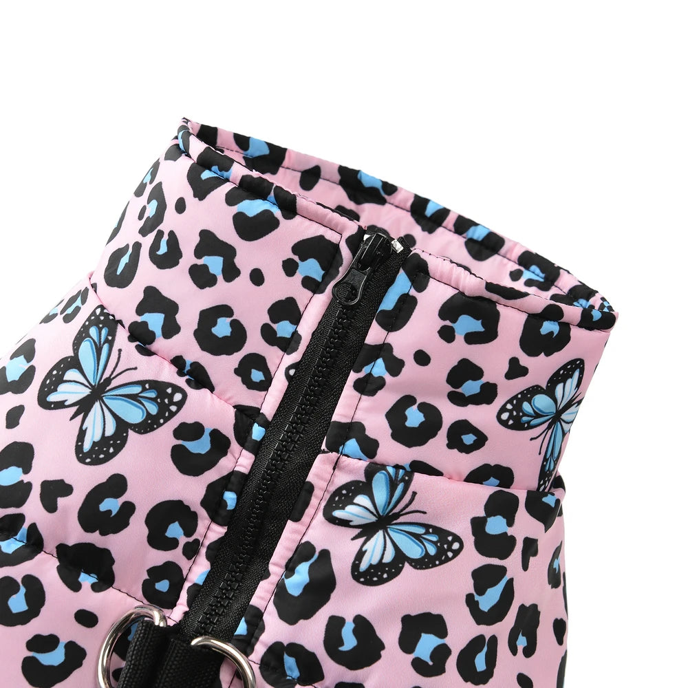 Leopard & Butterfly Print Waterproof Pet Coat with D-Ring – Winter Jacket for Dogs & Cats