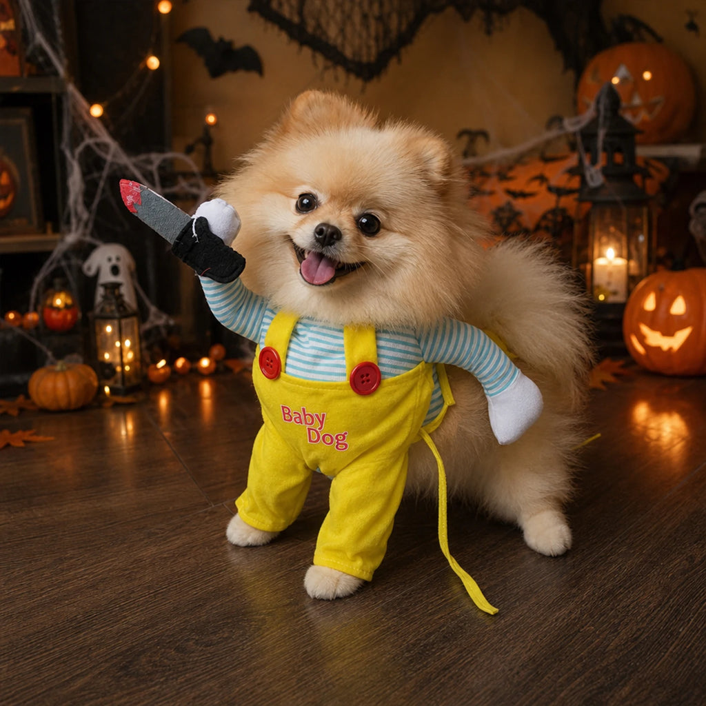 Halloween Doll Pet Costume for Cats & Dogs, Funny Horror Outfit with 3D Human Arm and Felt Knife Prop, Adjustable Straps