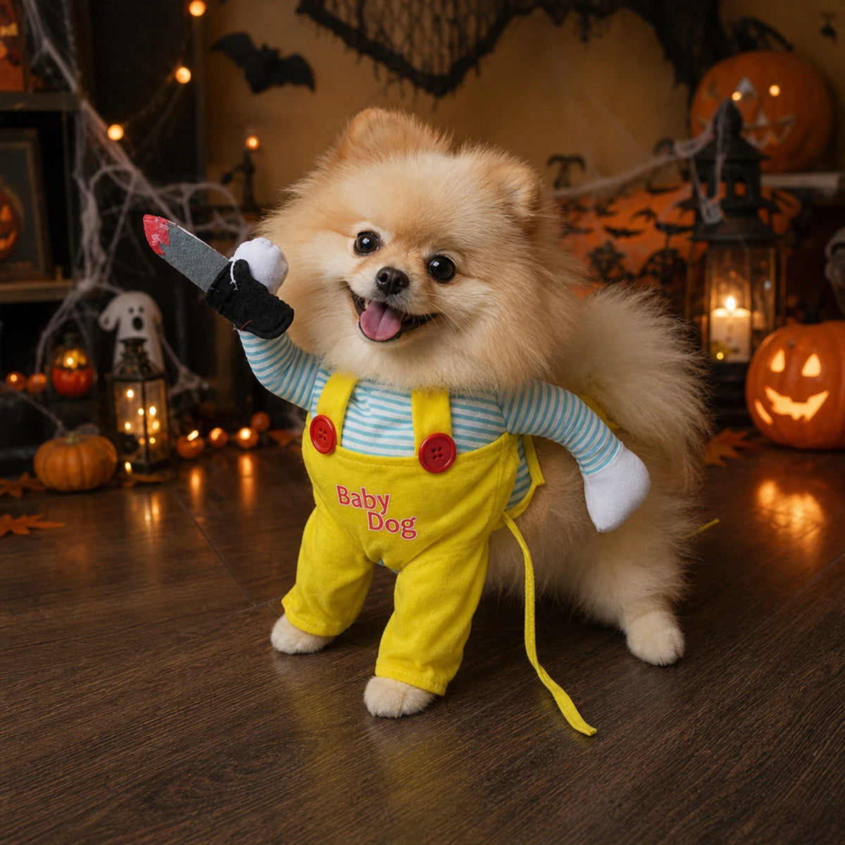 Halloween Doll Pet Costume for Cats & Dogs, Funny Horror Outfit with 3D Human Arm and Felt Knife Prop, Adjustable Straps