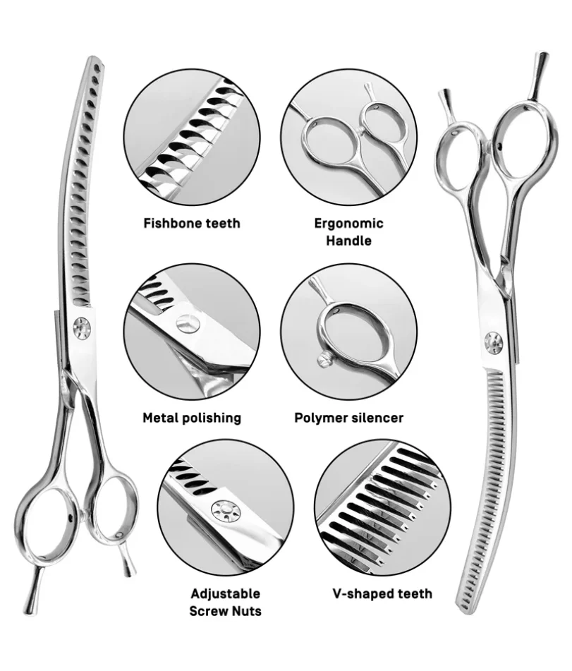 Professional Pet Grooming Thinning Scissors – 7-Inch Curved & Straight for Dogs & Cats