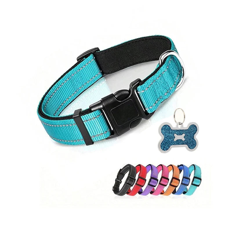 Soft Padded Reflective Dog Collar with Bone Tag – Adjustable Nylon for Small to Large Dogs