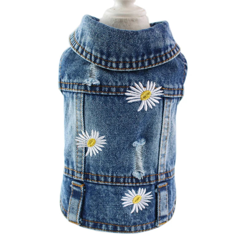 Daisy Embroidery Dog Denim Jacket – Vintage Washed Jeans Vest for Small & Medium Dogs