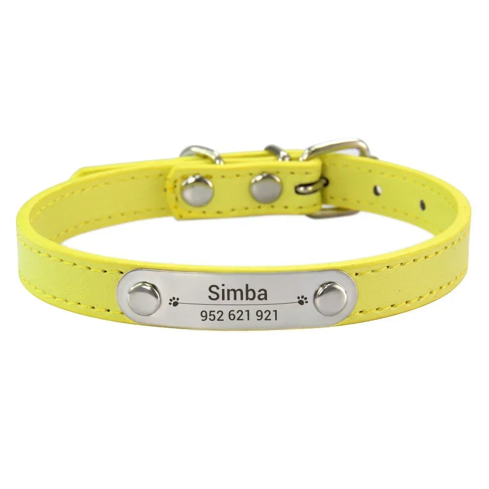 Personalized PU Leather Dog Collar – Custom Name ID Tag for Small to Large Dogs