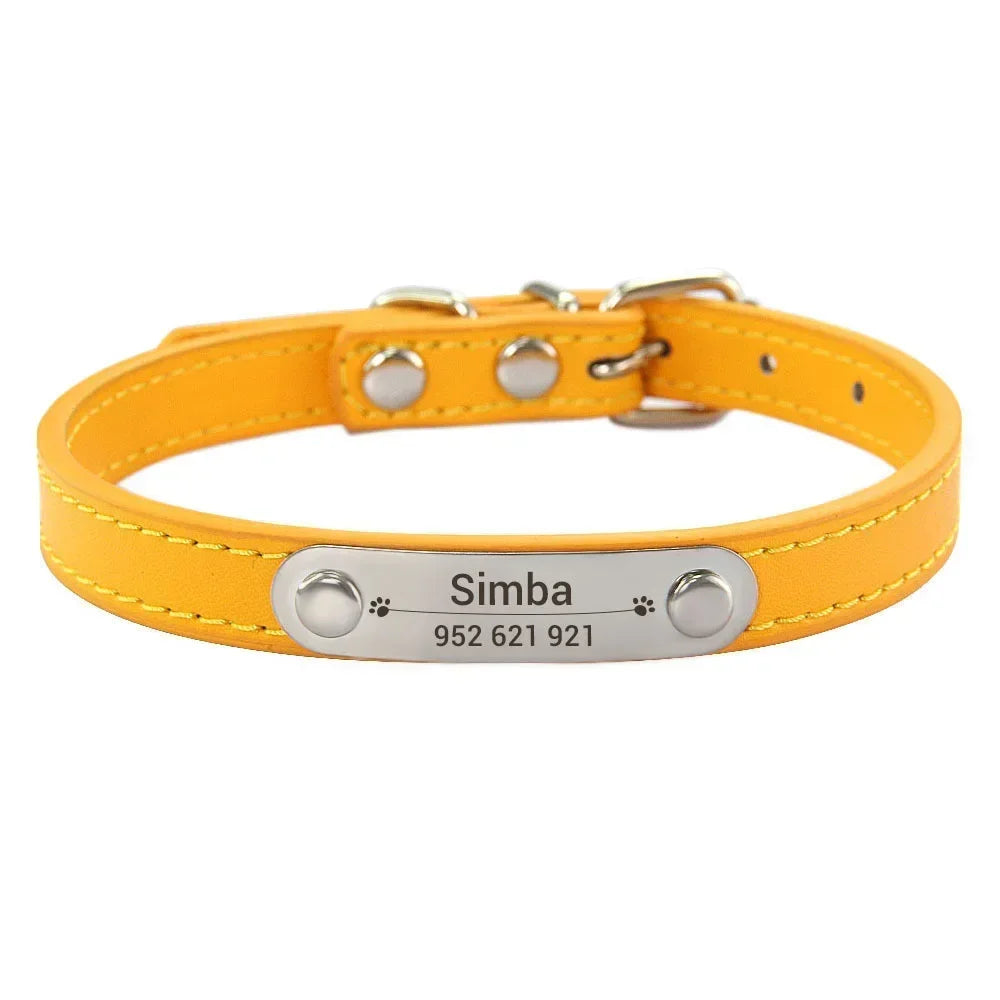 Personalized PU Leather Dog Collar – Custom Name ID Tag for Small to Large Dogs