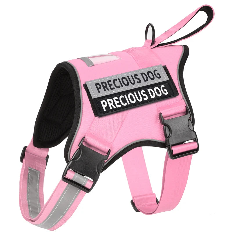 Pink dog harness with 'PRECIOUS DOG' label on a white background
