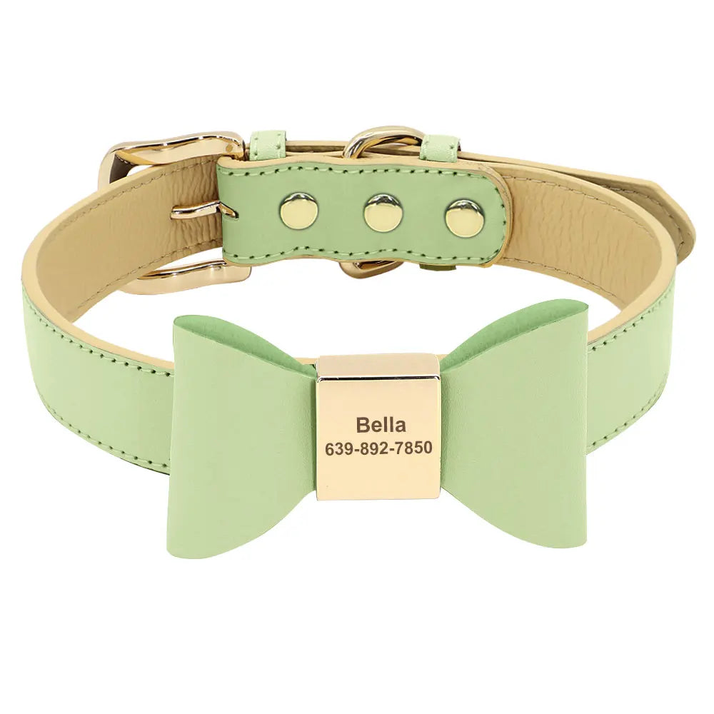 Personalized Engraved Bowknot Dog Collar – Soft PU Leather Adjustable Collar for Dogs & Cats