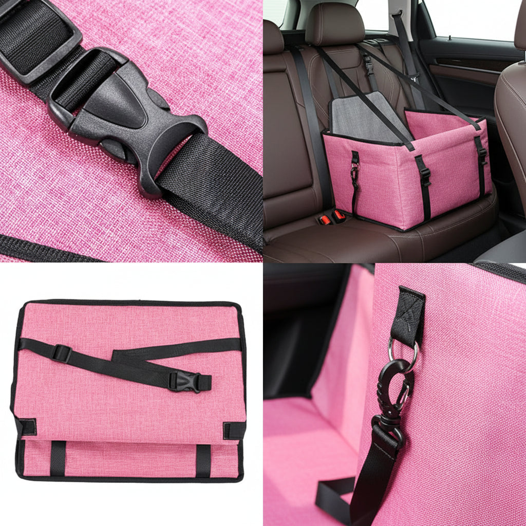 Collage of a black strap on pink fabric, car seat with gray cushion and black strap, pink bag with black strap, and close-up of pink bag with black strap.