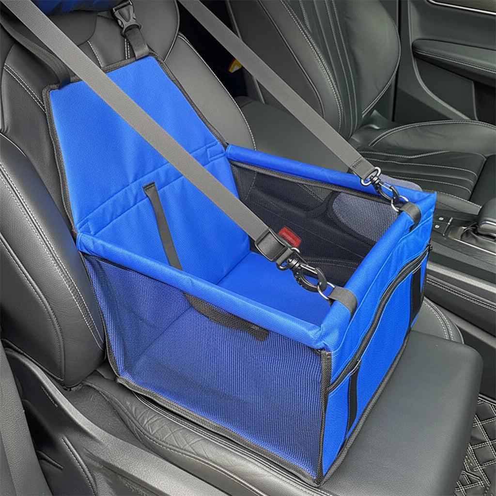 Blue pet car seat carrier attached to a car seat with a visible brand logo.