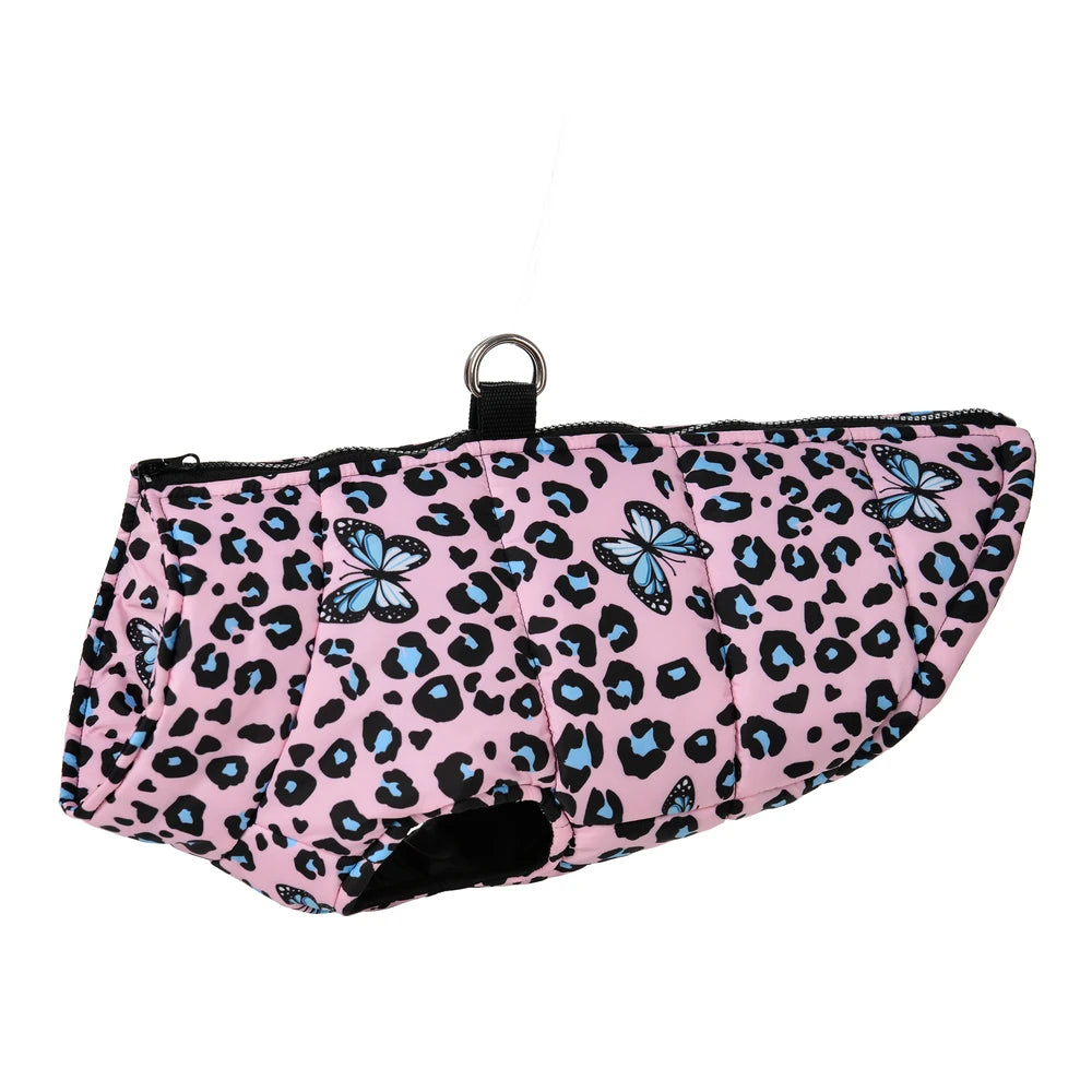 Leopard & Butterfly Print Waterproof Pet Coat with D-Ring – Winter Jacket for Dogs & Cats