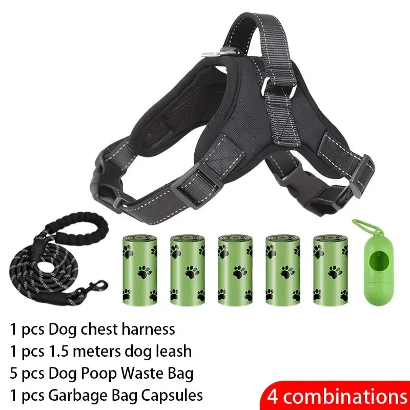 Dog training kit with chest harness, leash, poop waste bags, and garbage bag capsules on a white background.