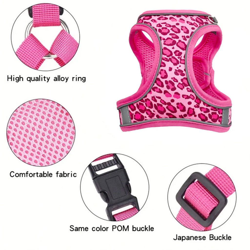 Leopard Print Dog & Cat Harness with Leash – Breathable Mesh Vest