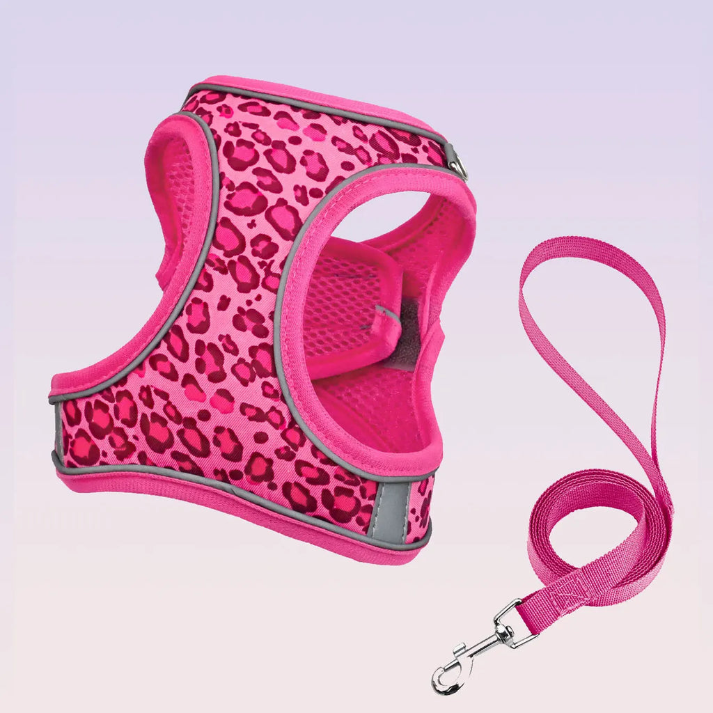 Leopard Print Dog & Cat Harness with Leash – Breathable Mesh Vest
