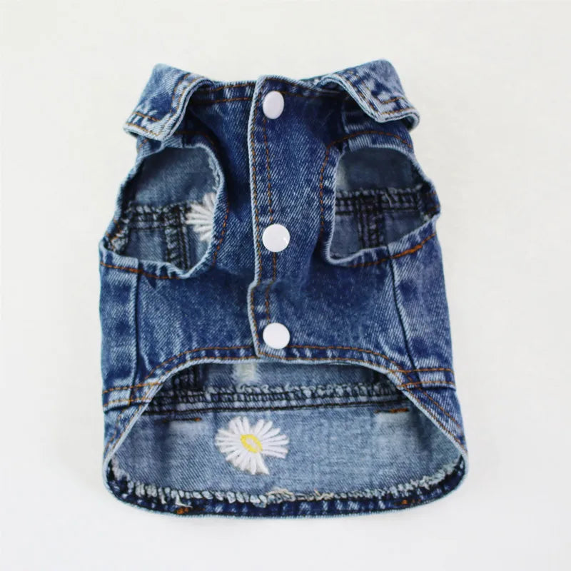 Daisy Embroidery Dog Denim Jacket – Vintage Washed Jeans Vest for Small & Medium Dogs