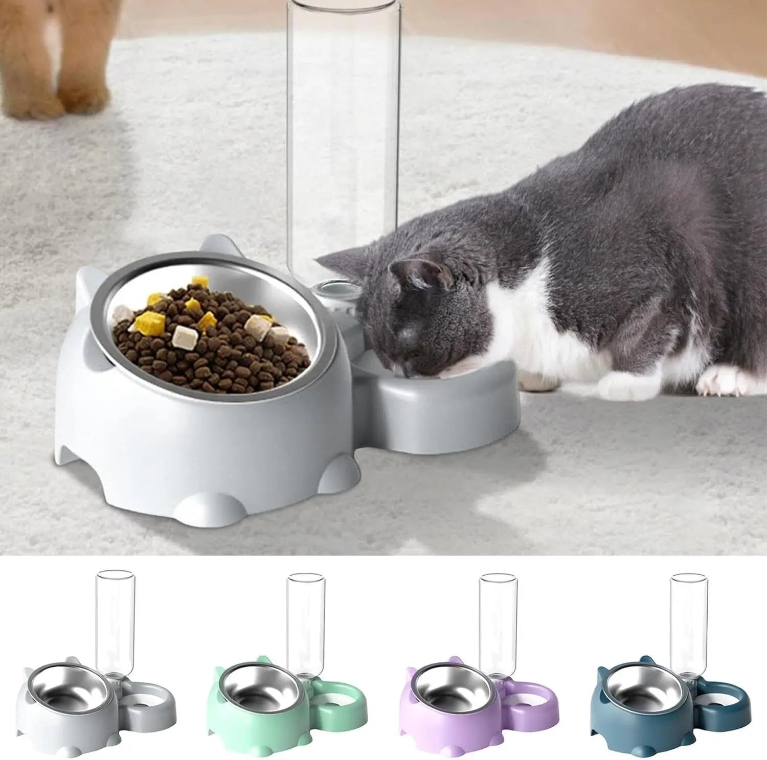 Tilted Pet Bowl Set with Automatic Water Dispenser – No-Spill Food & Water Feeder