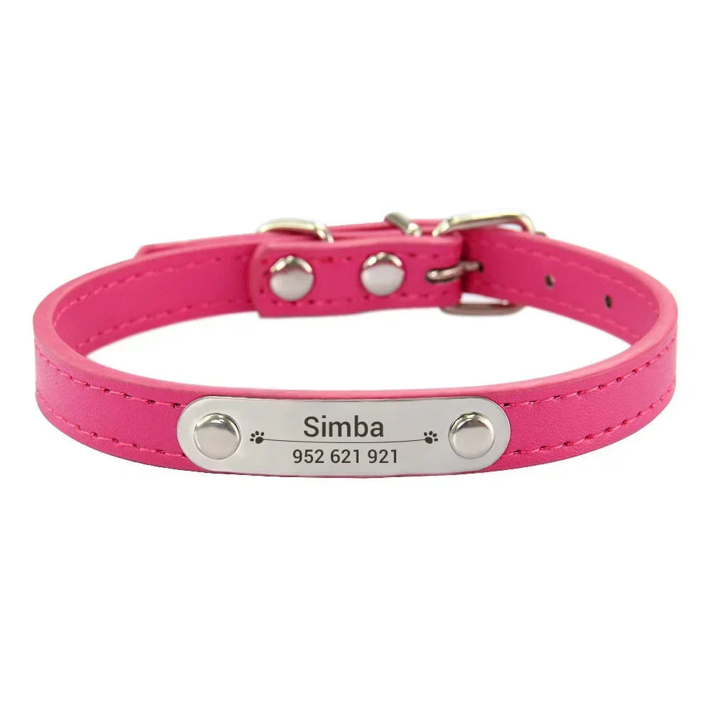 Personalized PU Leather Dog Collar – Custom Name ID Tag for Small to Large Dogs