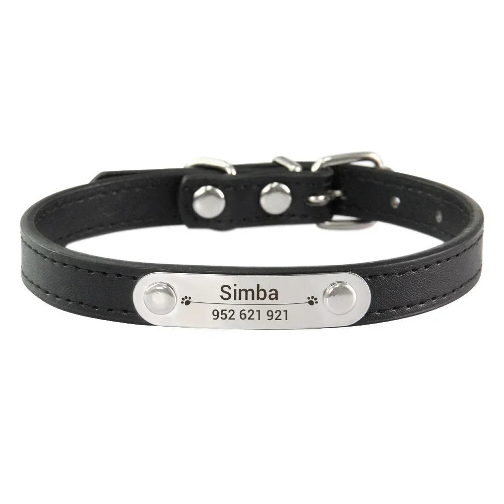 Personalized PU Leather Dog Collar – Custom Name ID Tag for Small to Large Dogs