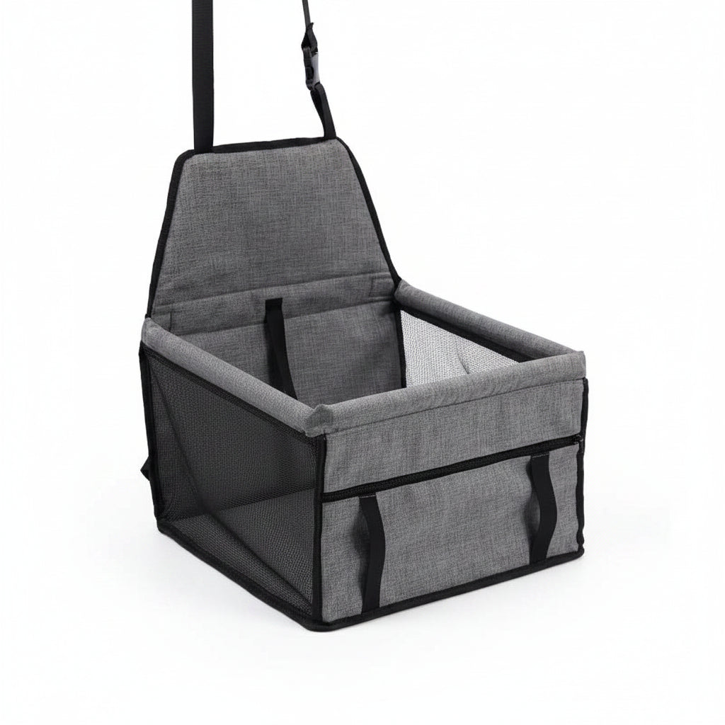Gray pet seat carrier with straps on a white background