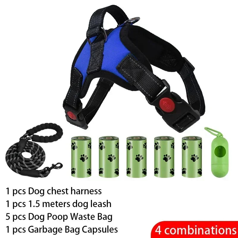 Dog training kit with chest harness, leash, waste bags, and capsules on a white background