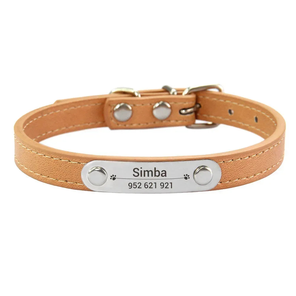 Personalized PU Leather Dog Collar – Custom Name ID Tag for Small to Large Dogs
