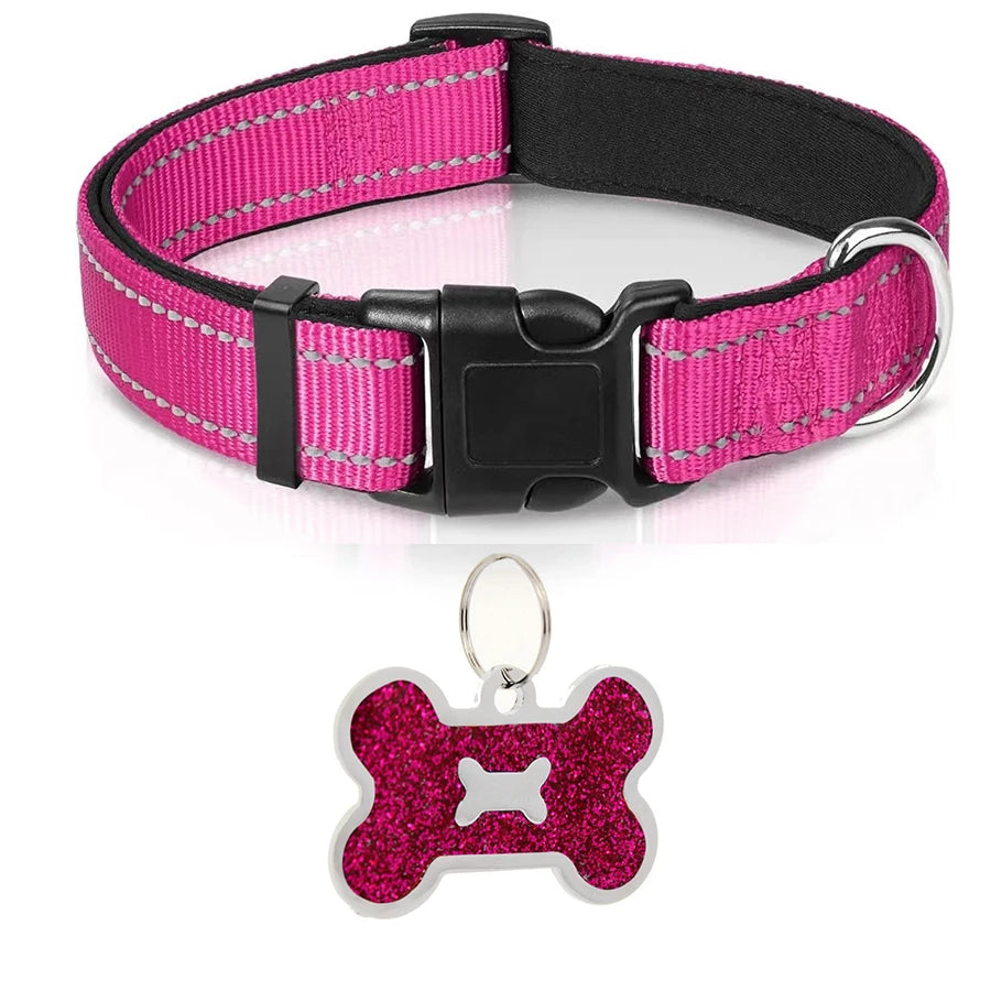 Soft Padded Reflective Dog Collar with Bone Tag – Adjustable Nylon for Small to Large Dogs