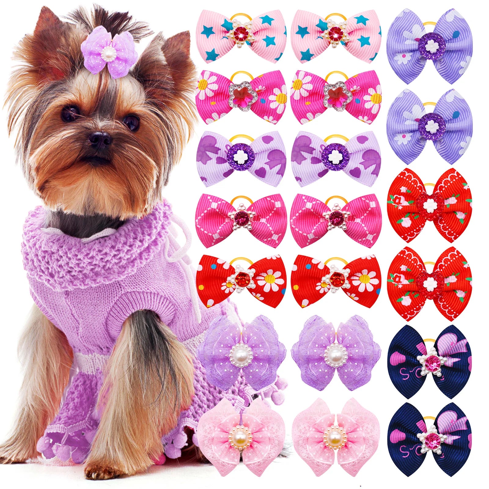 20-Pack Pet Hair Bows with Diamond & Pearl – Grooming Accessories for Dogs & Cats
