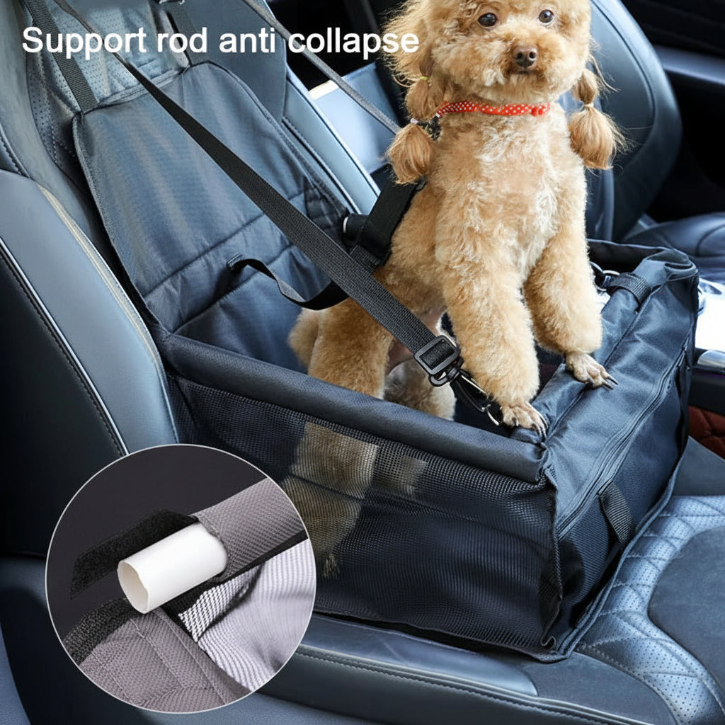 Dog sitting in a car seat with a support rod to prevent collapse, inside a vehicle.