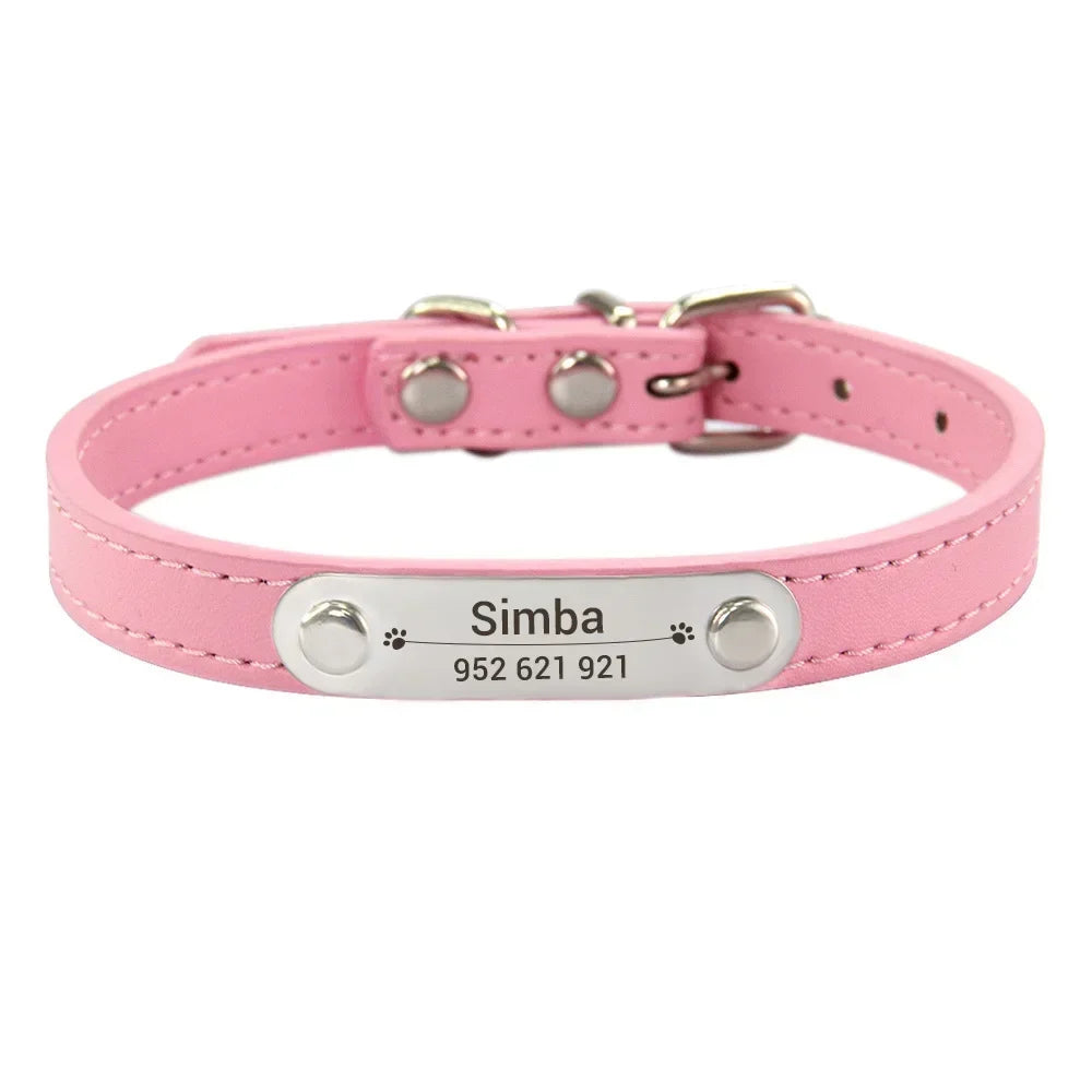 Personalized PU Leather Dog Collar – Custom Name ID Tag for Small to Large Dogs