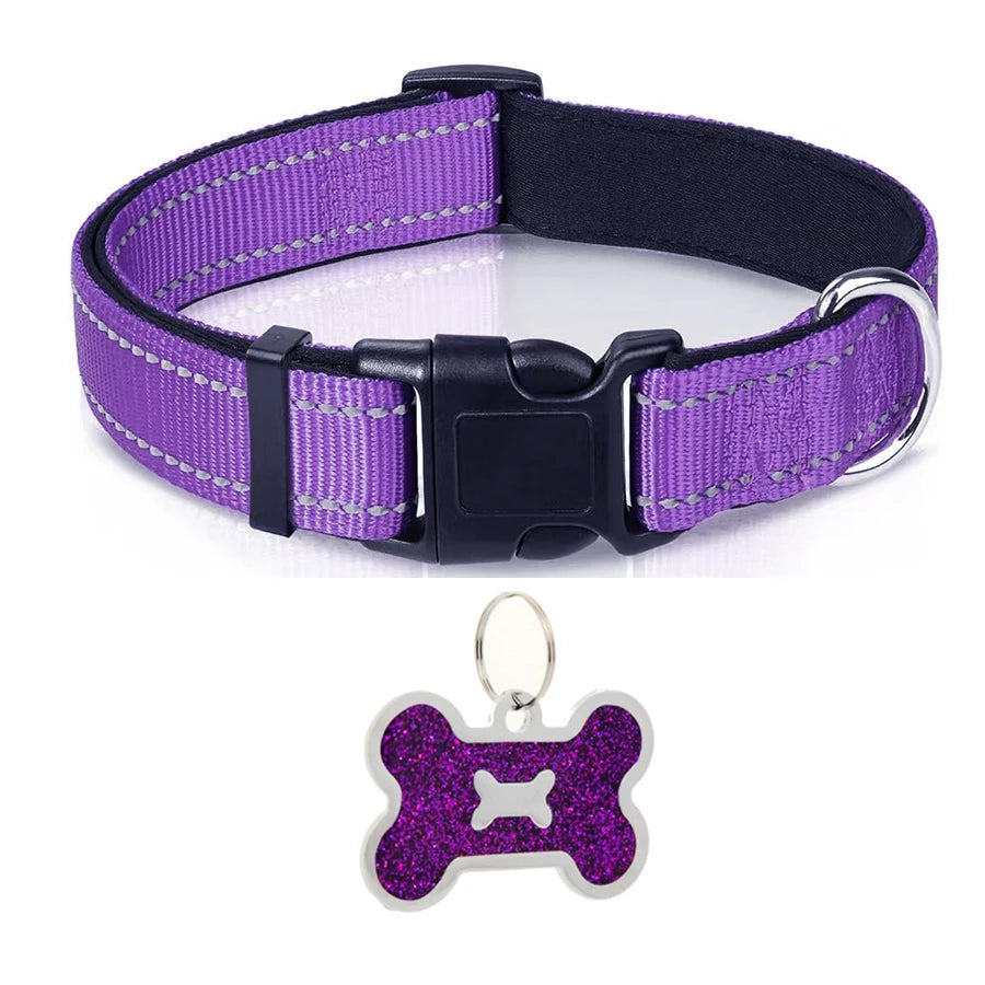 Soft Padded Reflective Dog Collar with Bone Tag – Adjustable Nylon for Small to Large Dogs