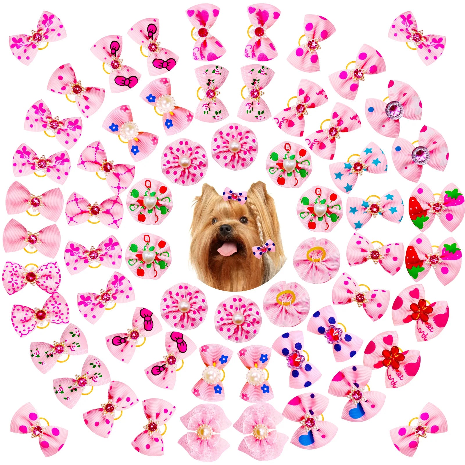 20-Pack Pet Hair Bows with Diamond & Pearl – Grooming Accessories for Dogs & Cats