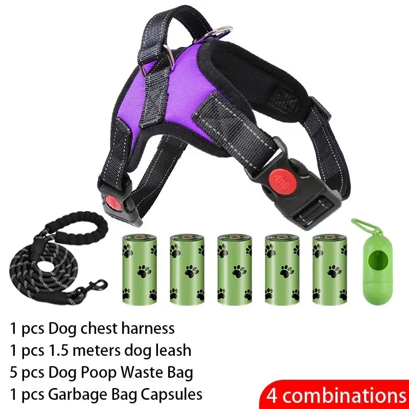 Dog training kit with chest harness, leash, waste bags, and capsules on a white background