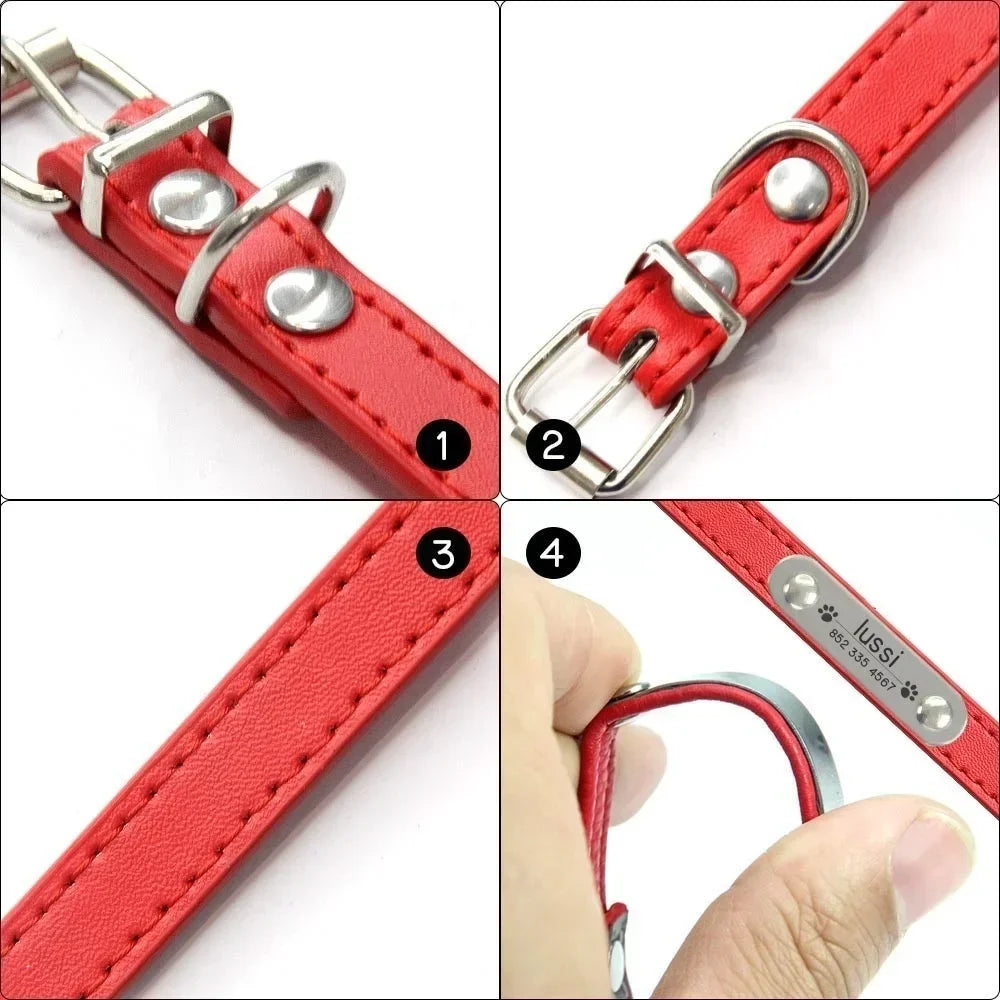 Personalized PU Leather Dog Collar – Custom Name ID Tag for Small to Large Dogs