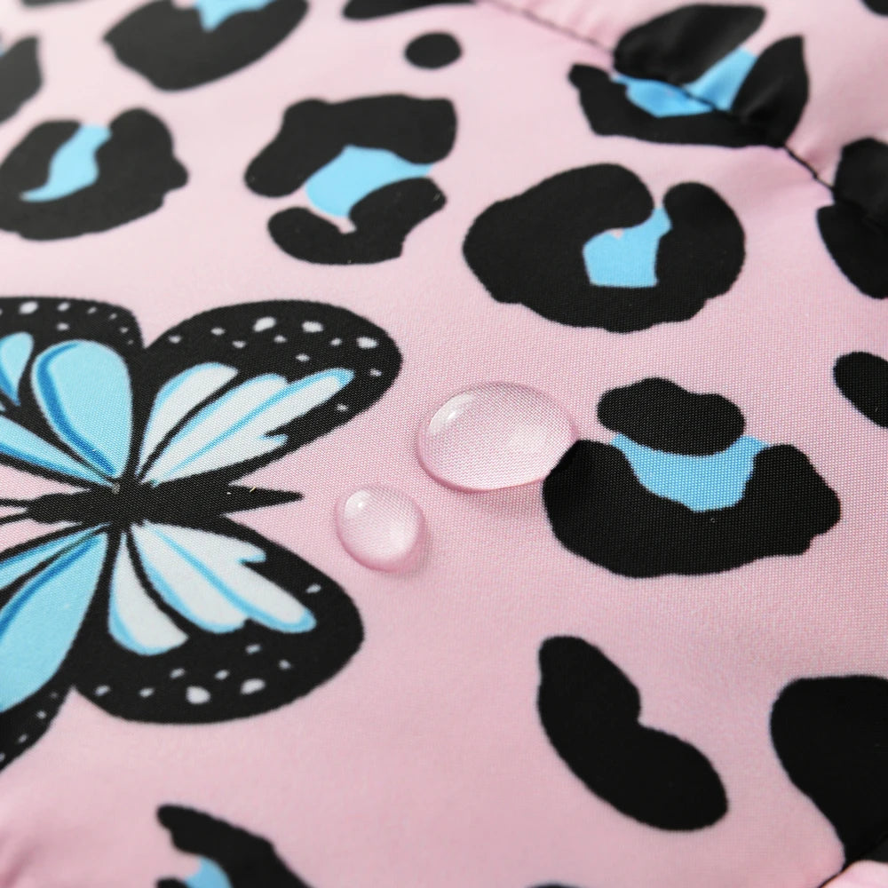 Leopard & Butterfly Print Waterproof Pet Coat with D-Ring – Winter Jacket for Dogs & Cats