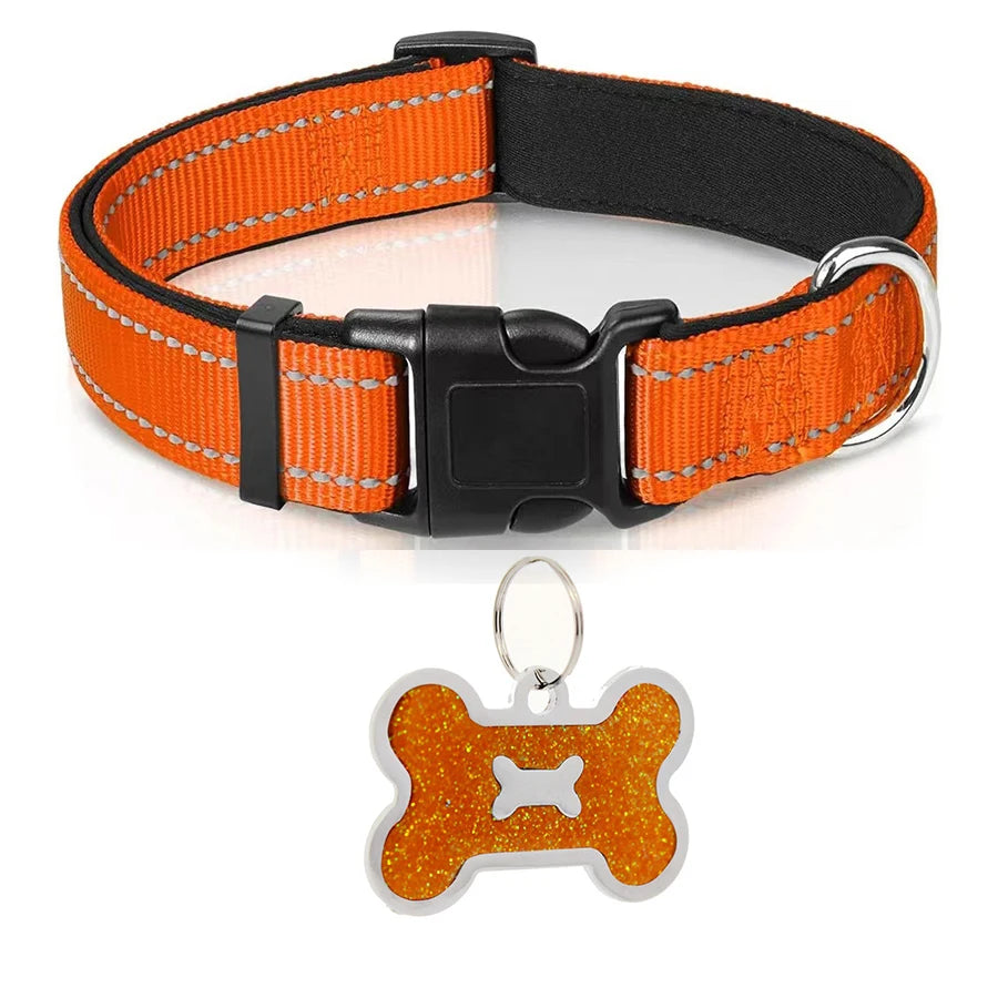 Soft Padded Reflective Dog Collar with Bone Tag – Adjustable Nylon for Small to Large Dogs