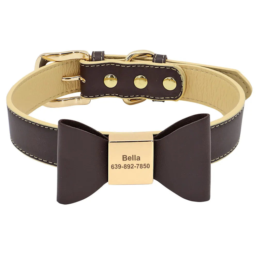 Personalized Engraved Bowknot Dog Collar – Soft PU Leather Adjustable Collar for Dogs & Cats