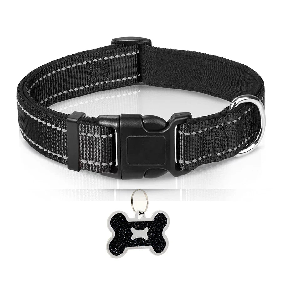 Soft Padded Reflective Dog Collar with Bone Tag – Adjustable Nylon for Small to Large Dogs