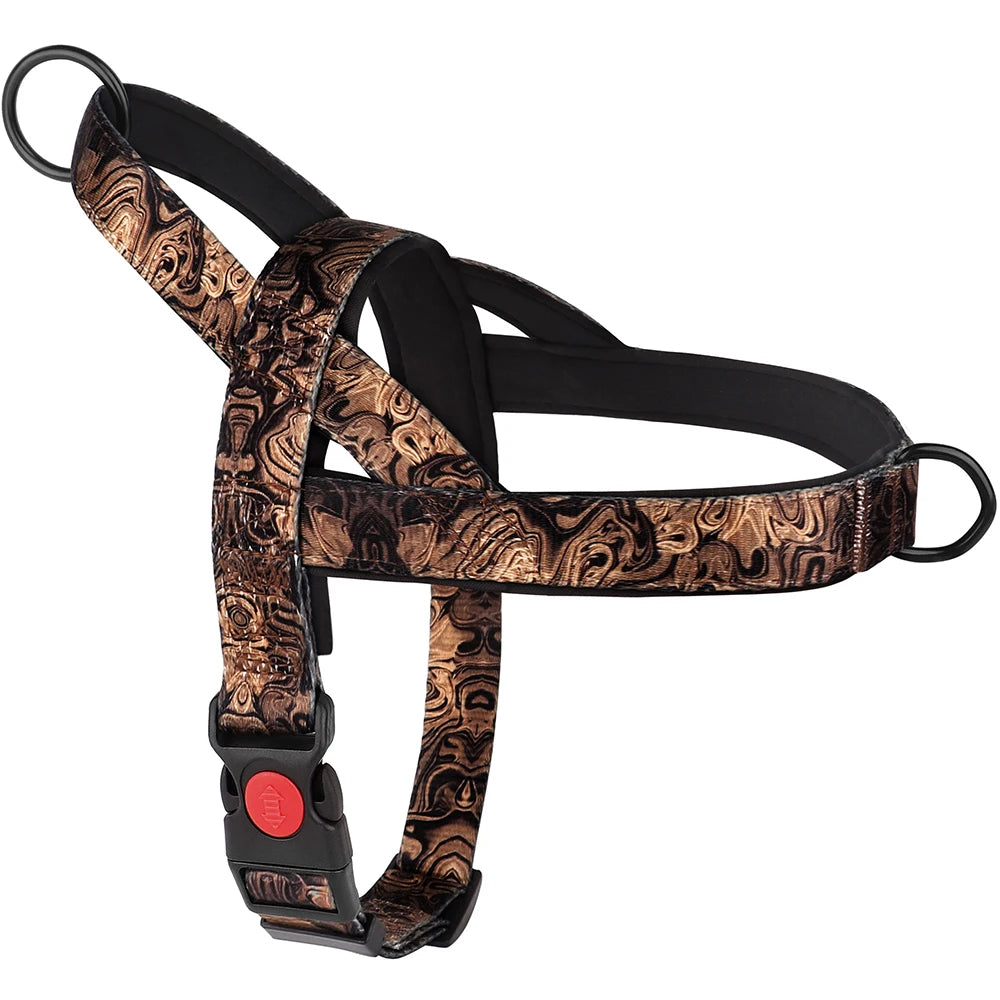 Dog harness with brown paisley pattern on a white background