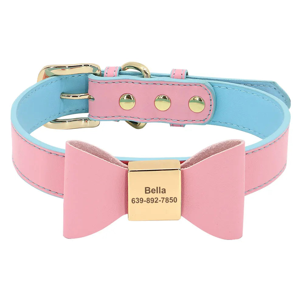 Personalized Engraved Bowknot Dog Collar – Soft PU Leather Adjustable Collar for Dogs & Cats