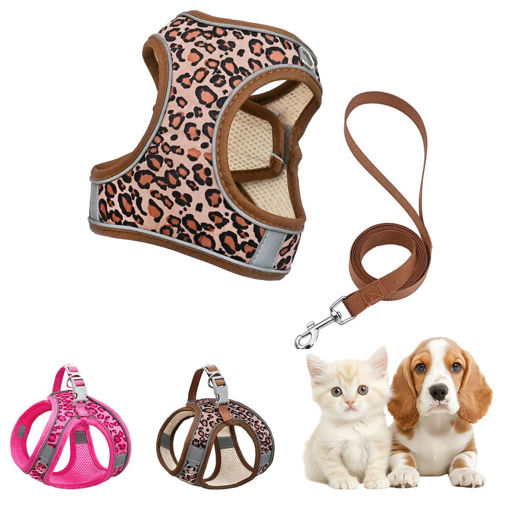 Leopard Print Dog & Cat Harness with Leash – Breathable Mesh Vest