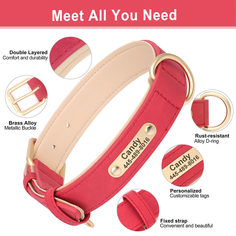Personalized PU Leather Dog Collar & Leash Set – Free Custom ID Nameplate