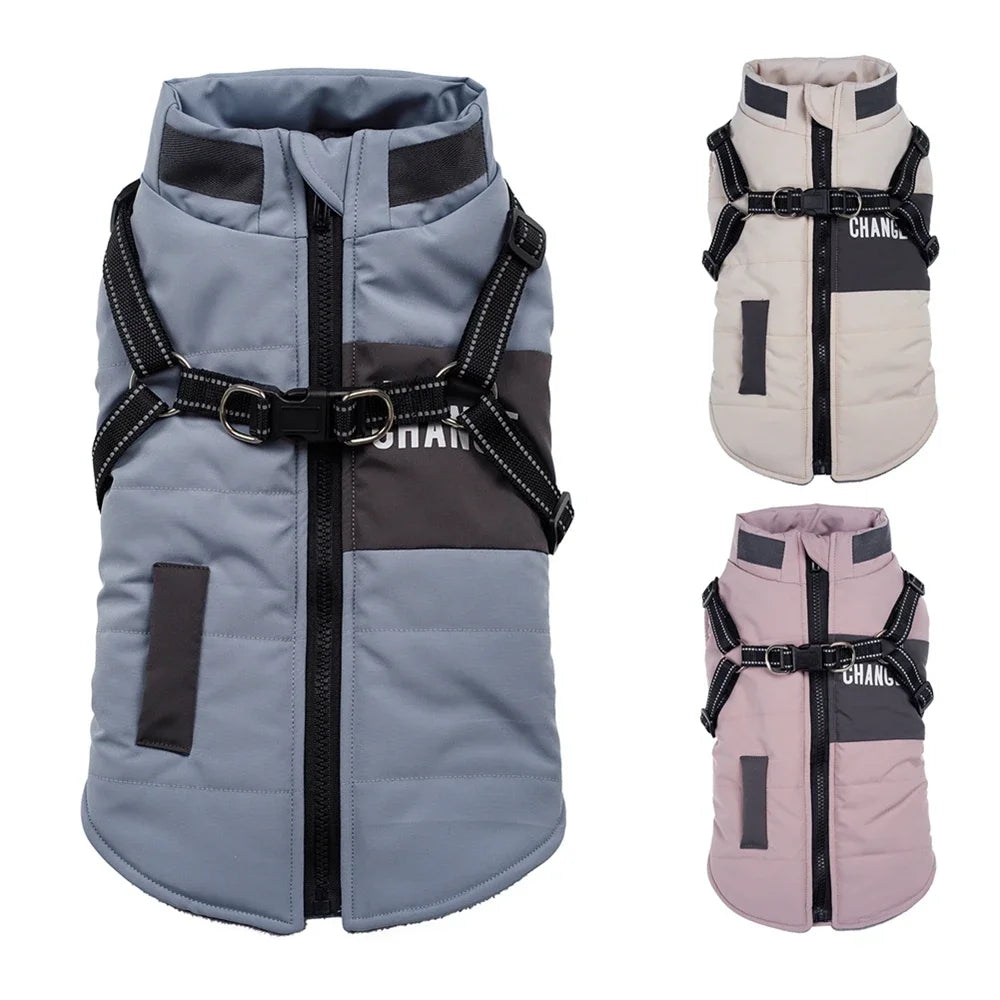 Windproof Hooded Dog Coat with Double-D Leash Ring – Warm Vest-Style Jacket for Dogs
