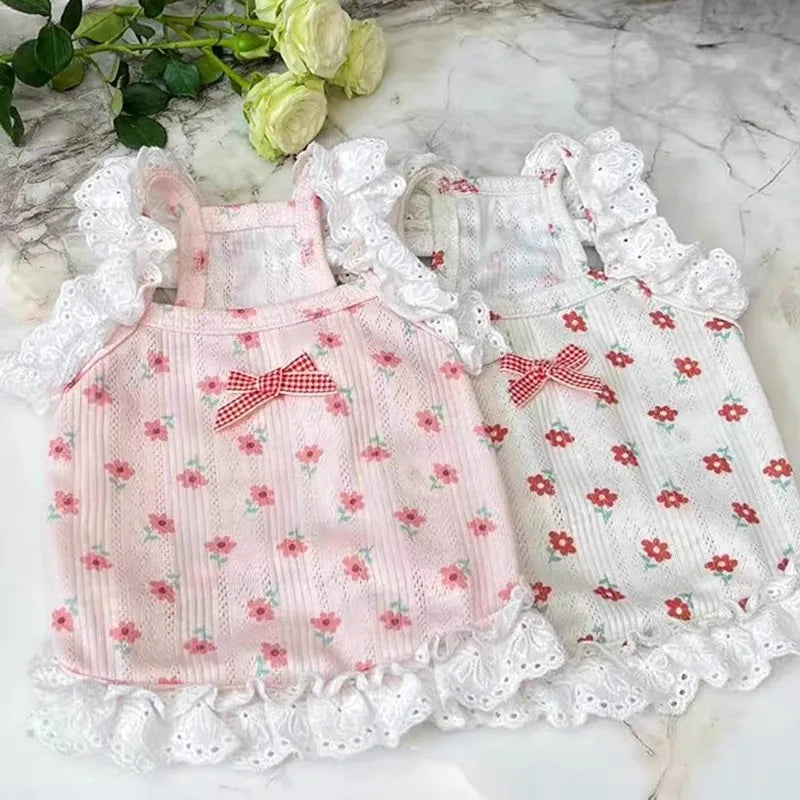 Fashion Bow Suspender Dog Vest – Floral Lace Summer Shirt for Small Dogs & Cats