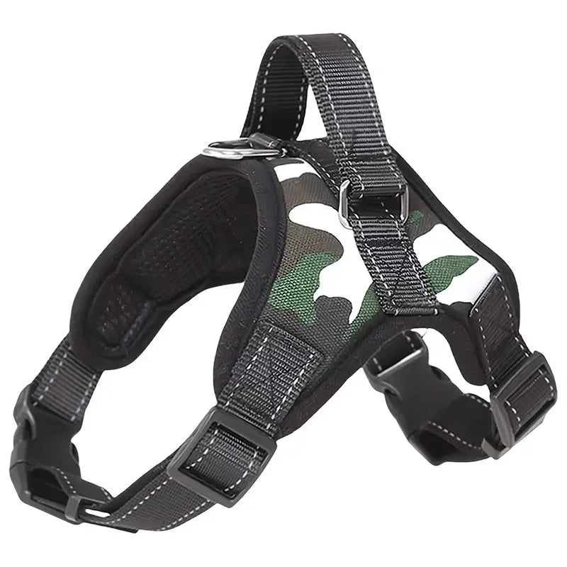 Black and green camouflage dog harness on a white background