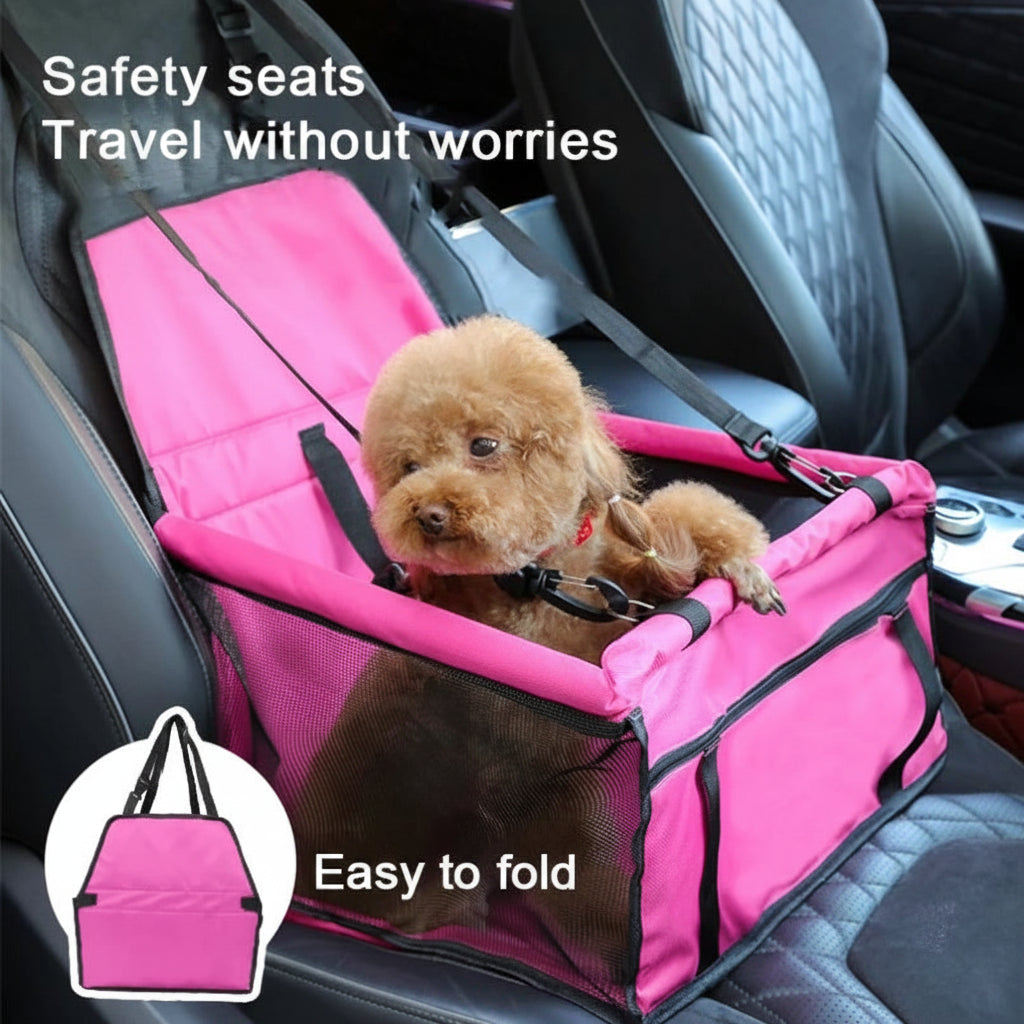 Pink pet seat in a car with a dog inside, featuring text about safety and ease of use.