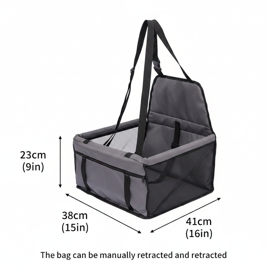 Gray pet seat carrier with black straps and dimensions labeled on a white background